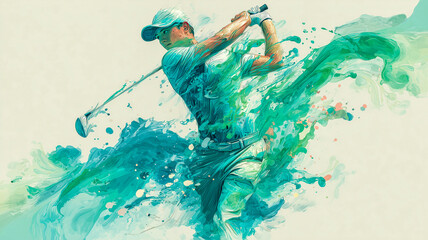 Fototapeta premium Golfer Shown Mid-Swing in Sporty Attire Captured With Watercolor Overlays and Real Photo Quality in Motion-Driven Artistic Blend