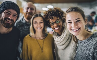 Obraz premium A Smiling Group of Friends in a Social Setting Capturing Joy and Connection in a Bright Environment with Natural Light and Warm Atmosphere