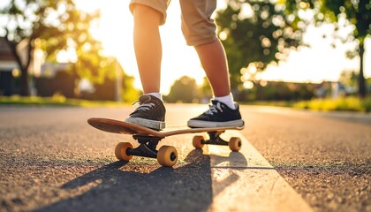 Child skateboarding on sunny road