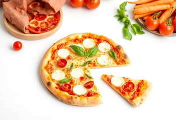 A simple cheese pizza on a pristine white background,  food styling,  homemade
