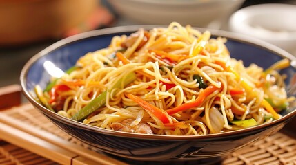 Delicious stir-fried dry noodles with vibrant vegetables like carrots, cabbage, and bell peppers, tossed with savory soy sauce, garlic, and sesame oil, garnished with green onions and sesame seeds,
