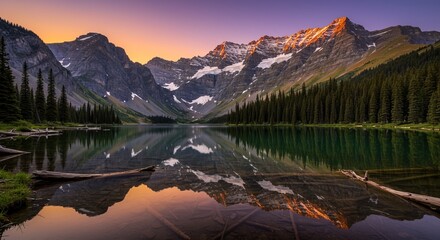 Obraz premium Stunning mountain landscape with vibrant sunset reflecting in tranquil lake water, travel concept