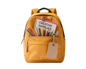 Vibrant Yellow Backpack with Front Pocket Filled with Colorful Pencils and Notebooks – Back to School Supplies Isolated on White Background