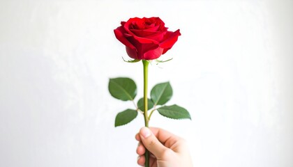Obraz premium A single red rose held in a hand against a white background