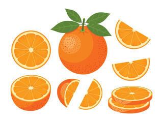 Vibrant Citrus Medley: A colorful assortment of fresh, juicy oranges, some whole, others sliced and segmented, revealing their sunny interior with captivating detail, surrounded by green leaves.