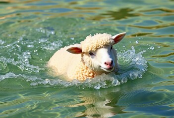 Fluffy sheep with curly wool playfully swims, splashing in crystal-clear water,  white,  farm