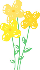 Three Yellow Flowers Illustration – Simple Hand Drawn Floral Clipart with Green Leaves and Bright Petals