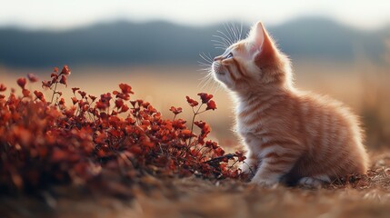 Positive Thinking Cute Cartoon Style Concept. Adorable ginger kitten sitting beside vibrant red flowers in a serene outdoor setting