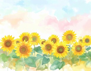 Obraz premium 夏空とひまわり畑を描いた水彩画