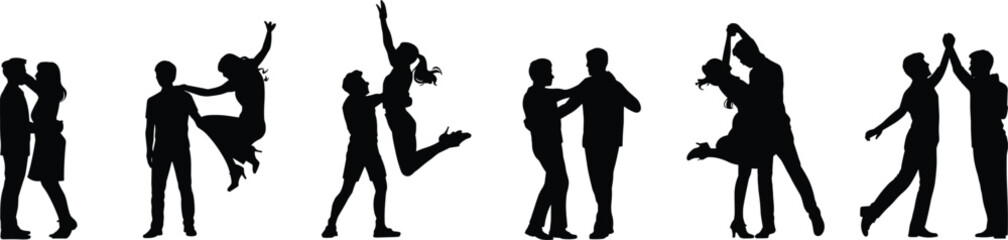 Dancing couple silhouettes, romantic dance poses, ballroom dancers, love dance, partner performance, celebration, wedding dance, tango, salsa, romantic moment illustration