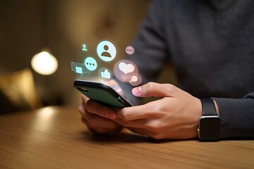 Man Using Mobile Phone with Social Media Notification Icons for Connection and Communication Engagement on Digital Platform