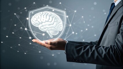 Businessman Holding a Brain in a Shield with a Network of Lines and Dots