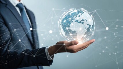 detailed professional high quality A businessman holding a glowing global network