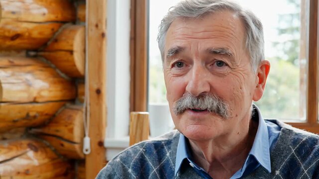 Portrait of elderly Slavic man with mustache, wooden house