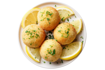 Four golden-brown, small, round, breaded balls, arranged on a white plate with lemon slices and fresh parsley