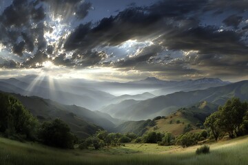 Dramatic sunlight breaks through turbulent clouds over rolling hills and distant mountains, creating a powerful sense of awe and the sublime beauty of nature's grandeur.