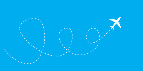 Minimalist vector illustration of airplane flying with trail in blue sky
