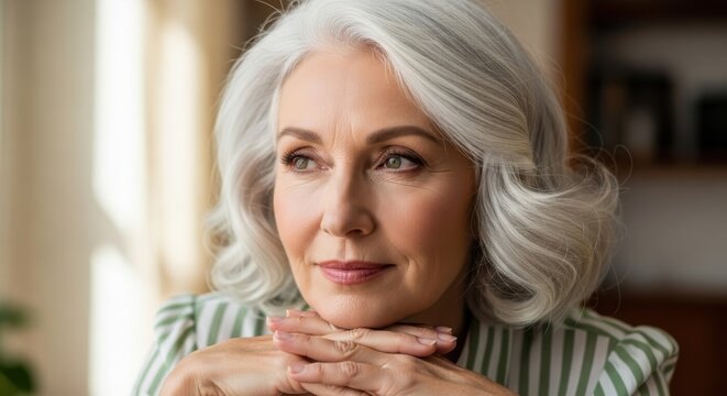 Elegant mature woman with graceful grey hair contemplating the future