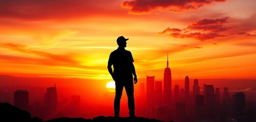 Fototapeta premium Silhouette against vibrant sunset cityscape, ambitious vision, high, goal