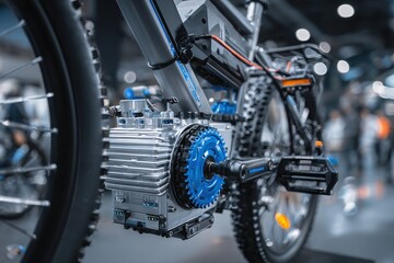 Close-Up View of a Modern Electric Bicycle Motor and Battery Pack Showcasing Advanced Technology in a Contemporary Manufacturing Setting