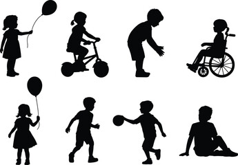 Children silhouette vector set, kids playing, riding bike, holding balloon, in wheelchair, playing ball, outdoor activities, isolated black design
