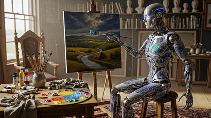 AI Artist: Futuristic Robot Painting Serene Landscape in Artistic Studio