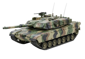 A powerful military main battle tank in desert and forest camouflage, with a long cannon and machine gun, detailed tracks, armor, and weathering, on a transparent studio background with copy space,