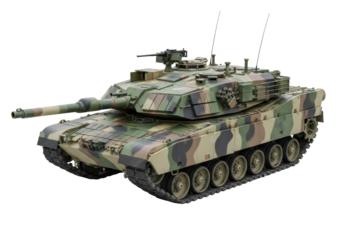 A powerful military main battle tank in desert and forest camouflage, with a long cannon and machine gun, detailed tracks, armor, and weathering, on a transparent studio background with copy space,