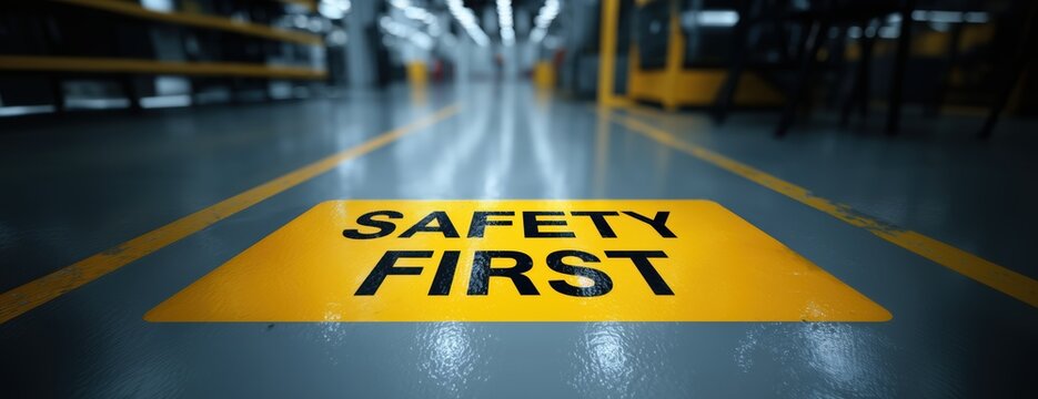 Bold “Safety First” floor marking in modern factory setting