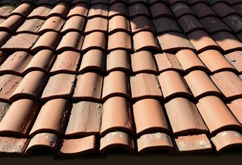 Weathered clay roof tiles, textured surface, aged patina, shadows,  macro,  design