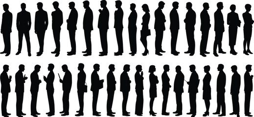 Business people silhouettes, corporate teamwork, professional group, standing crowd, office colleagues, business meeting, waiting line, partnership concept, leadership, communication, collaboration