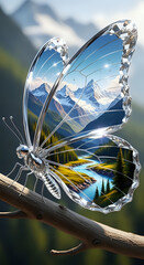 Stunning crystal butterfly showcases majestic mountain landscape with winding river and lush forest, symbolizing nature's beauty and transformation.