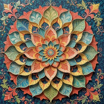 A vibrant paper cut mandala with a colourful background. 