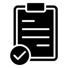 Task Completed Glyph Black Silhouette Icon Design Vector - clipboard with a check mark indicating task completion, documentation, or verification