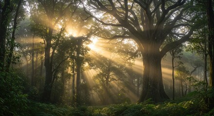 Obraz premium Sunlight beams through lush forest canopy creating magical, ethereal, and serene atmosphere