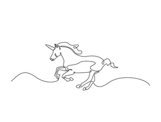Continuous line art drawing of unicorn with horn. Unicorn in single line art drawing vector illustration. Editable stroke. © Line addict