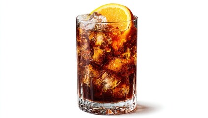 Dark, iced drink with orange slice