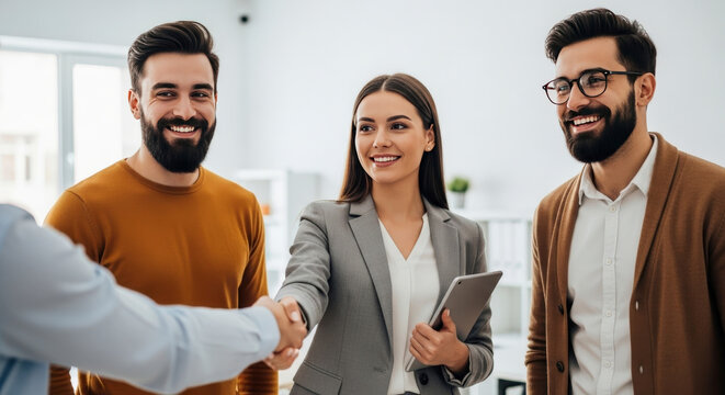 Confident smiling businesswoman shaking hands with a new client or partner in a modern office with her colleagues