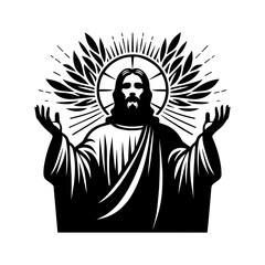 Beautiful black and white silhouette of Jesus Christ in glory pose, symbolizing hope, blessing, light, and eternal faith