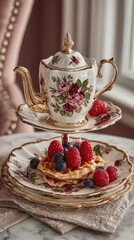 Fototapeta premium Afternoon Tea Still Life with Berries and Pancakes