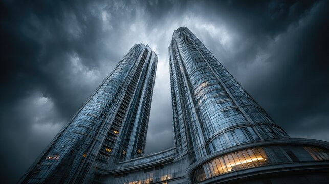 Two towering skyscrapers rise against a dramatic sky - Powered by Adobe