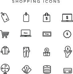 Shopping Icons Set – 16 Line Art Symbols Including Price Tags, Cart, Laptop, Clothing, Money & Payment