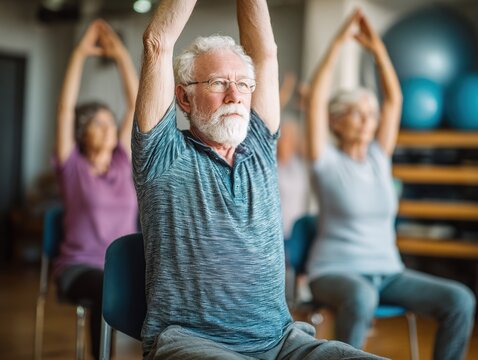 Senior Men and Women in Yoga Class Practicing Stretching Exercises in Fitness Studio with Gym Equipment in Background