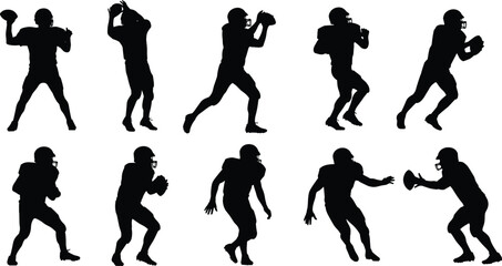 Vector silhouette illustration of American football players in action poses, athlete movements, sports training sketch for team game concept, design and print projects