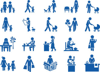 Collection of diverse family and professional life silhouettes in blue depicting various activities and relationships for modern living concepts