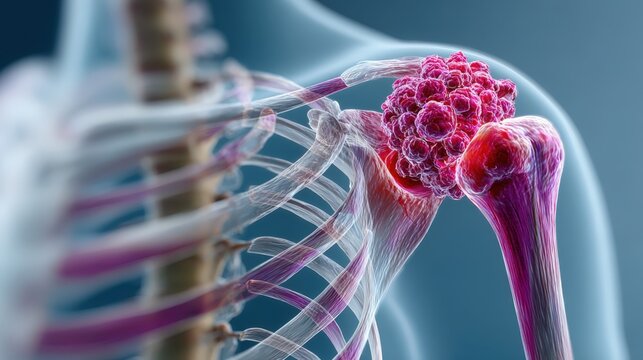 Proximal humerus close-up shows osteosarcoma mass on greater tubercle with edema