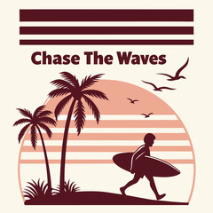 Vintage style sunset with palm trees and a surfer walking with surfboard retro beach 1