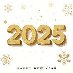 Golden 2025 numbers with snowflakes and happy new year text vector