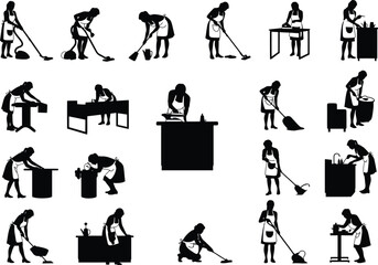 Collection of diverse black silhouettes depicting women engaged in various cleaning activities with brooms mops and dustpans