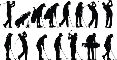 Silhouettes of golfers in various stages of the swing and preparation for the game of golf